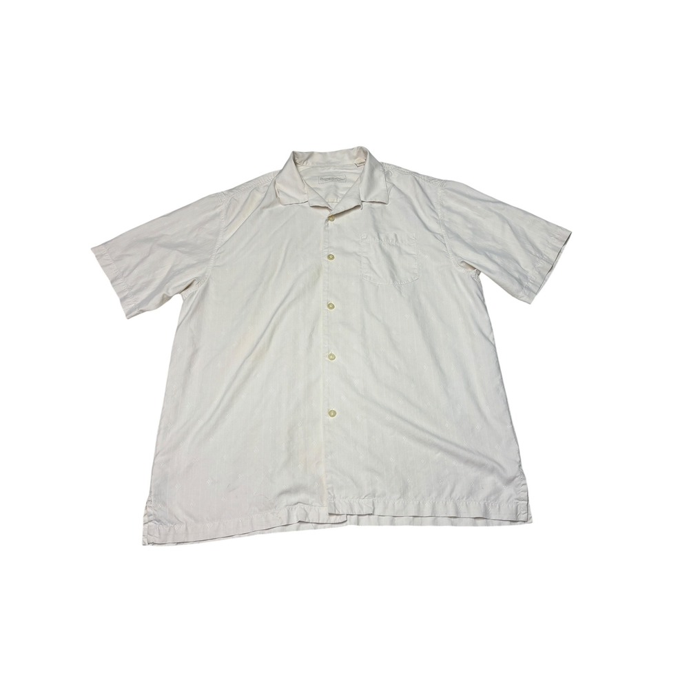 Tommy Bahama Mens Large Cream 100% Silk Short Sleeve Button Up Camp‎ Shirt L